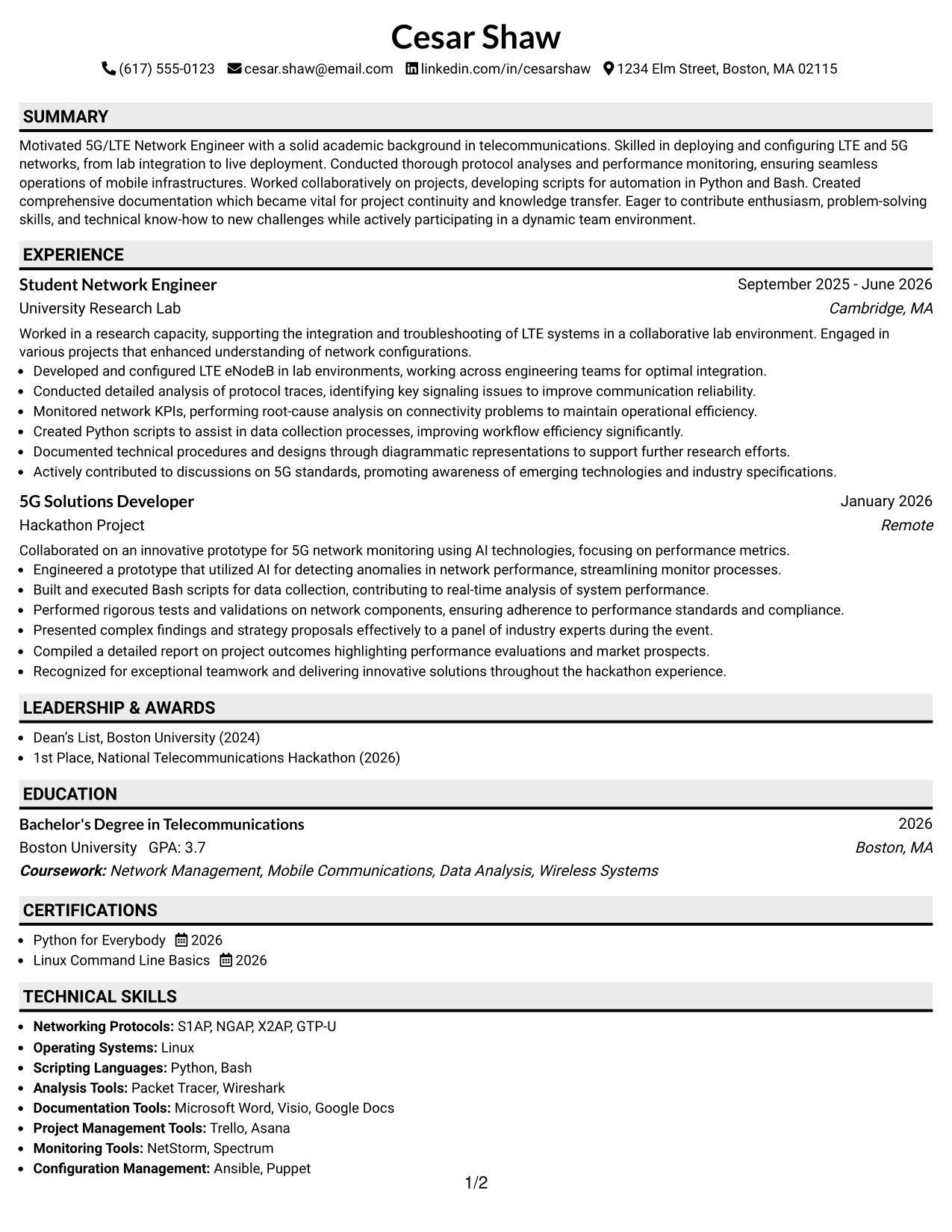 Resume Example Page 1