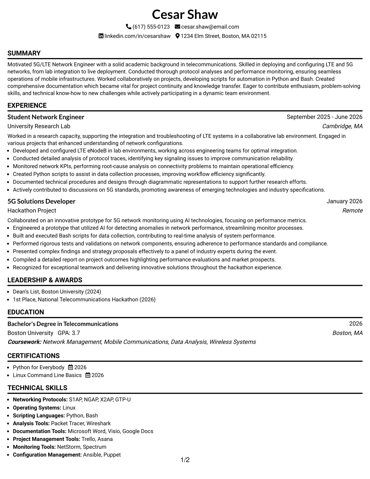 Resume Example Page 1