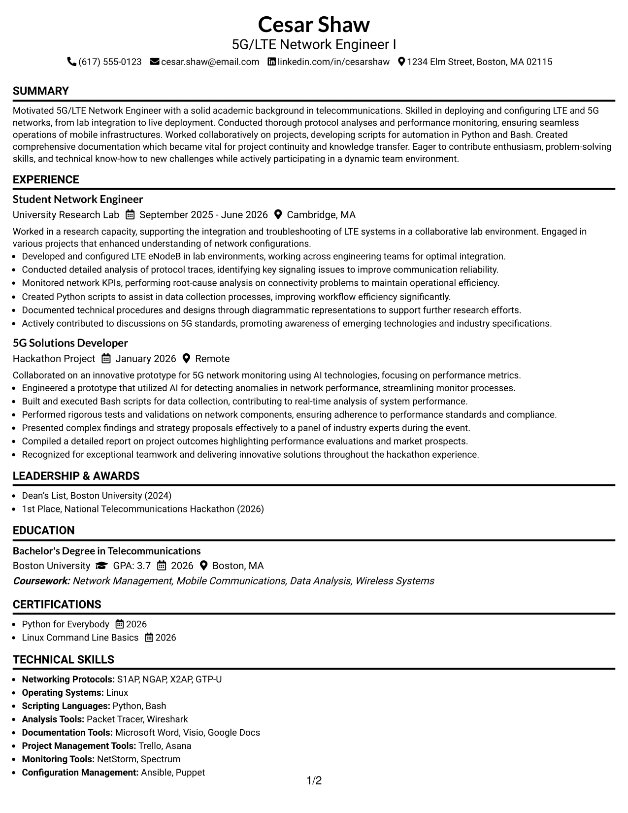 Resume Example Page 1
