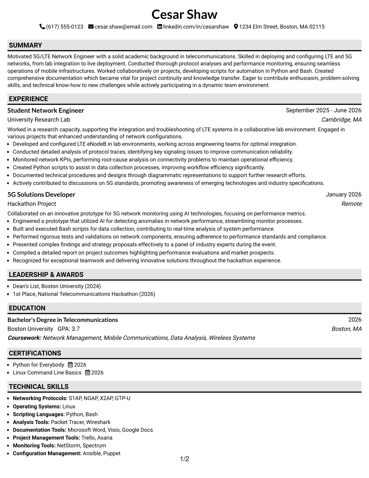 Resume Example Page 1