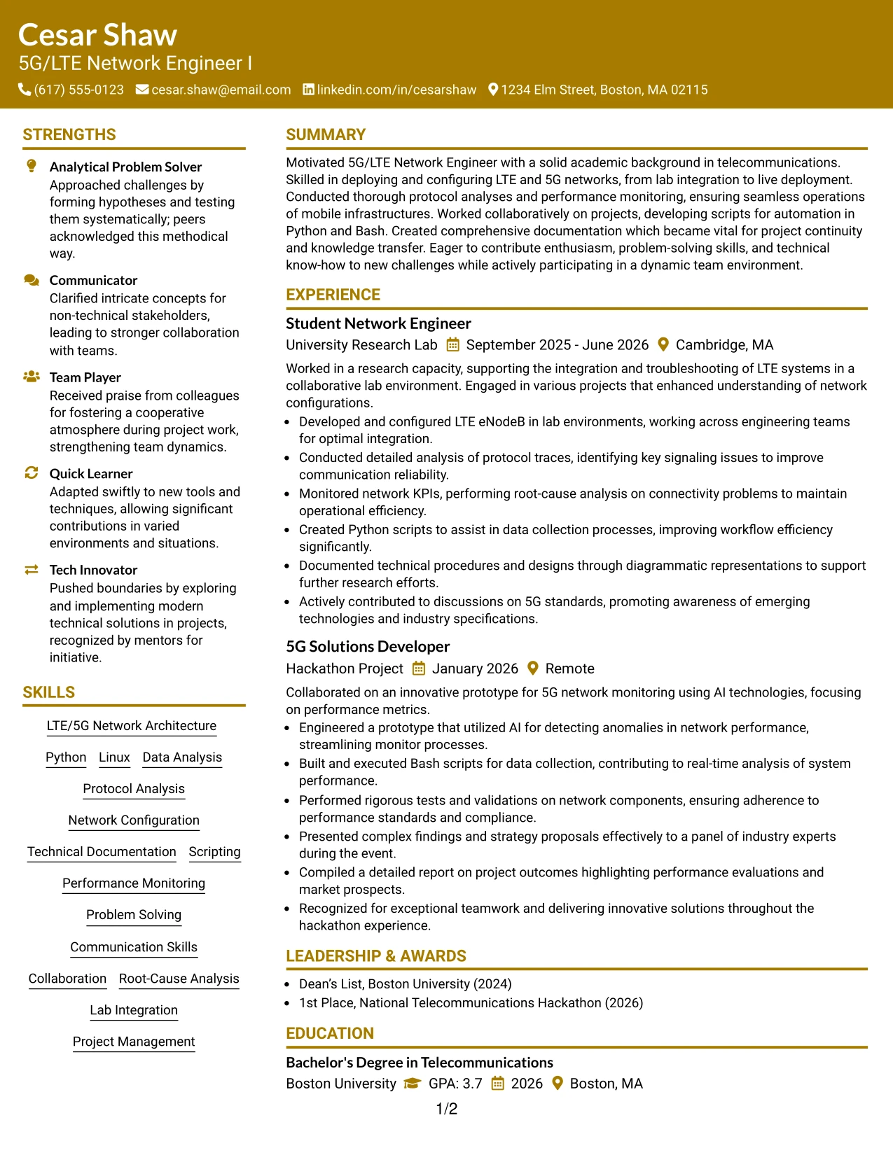 Resume Example Page 1