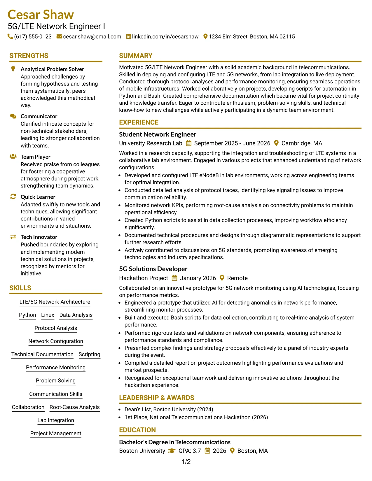 Resume Example Page 1