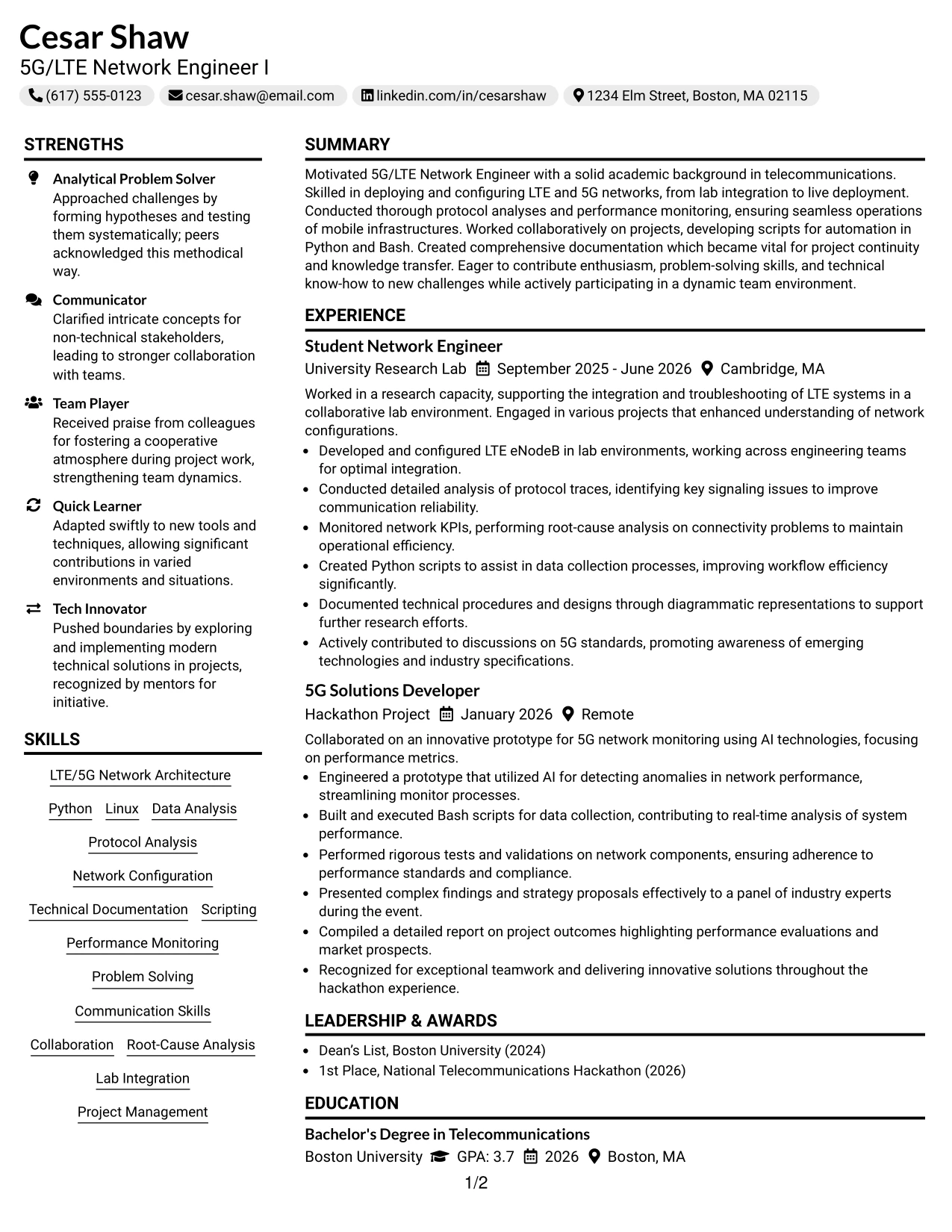 Resume Example Page 1