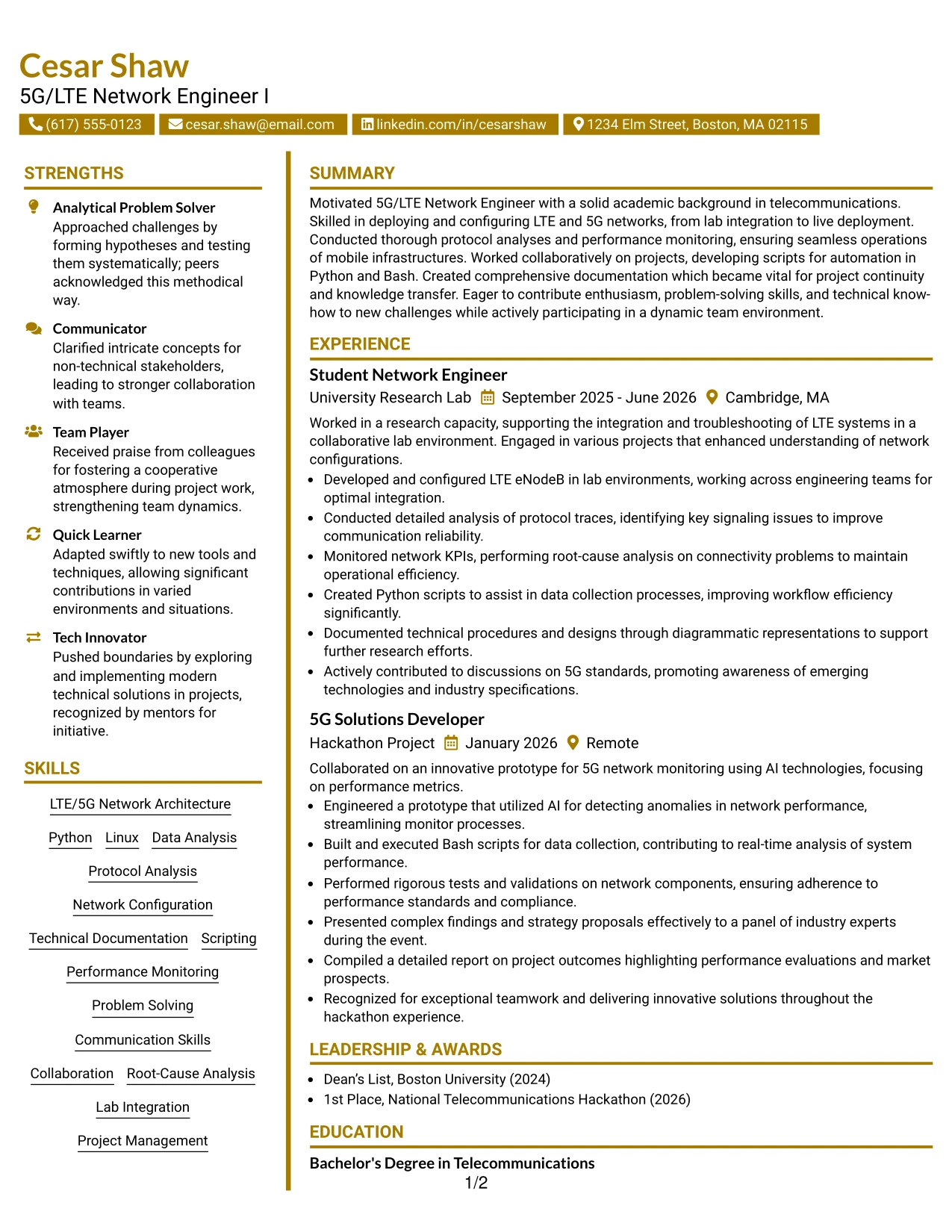 Resume Example Page 1
