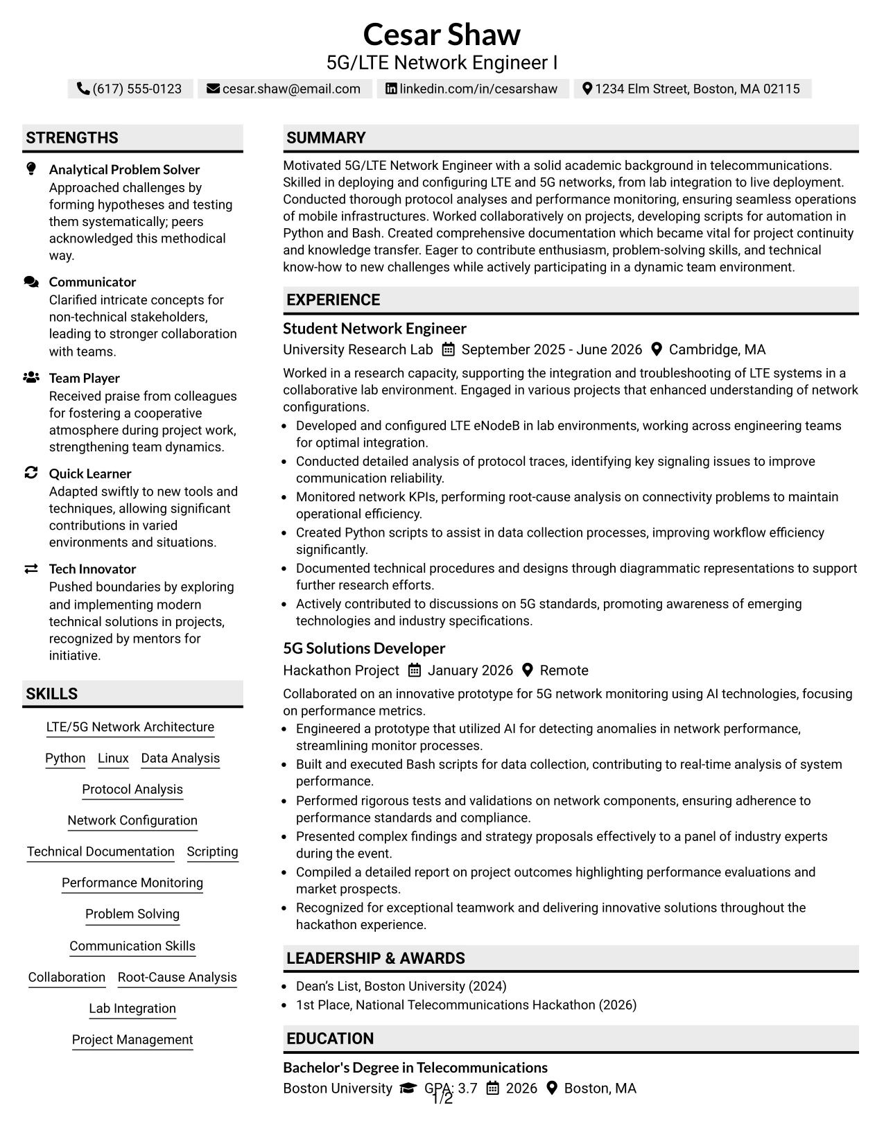 Resume Example Page 1