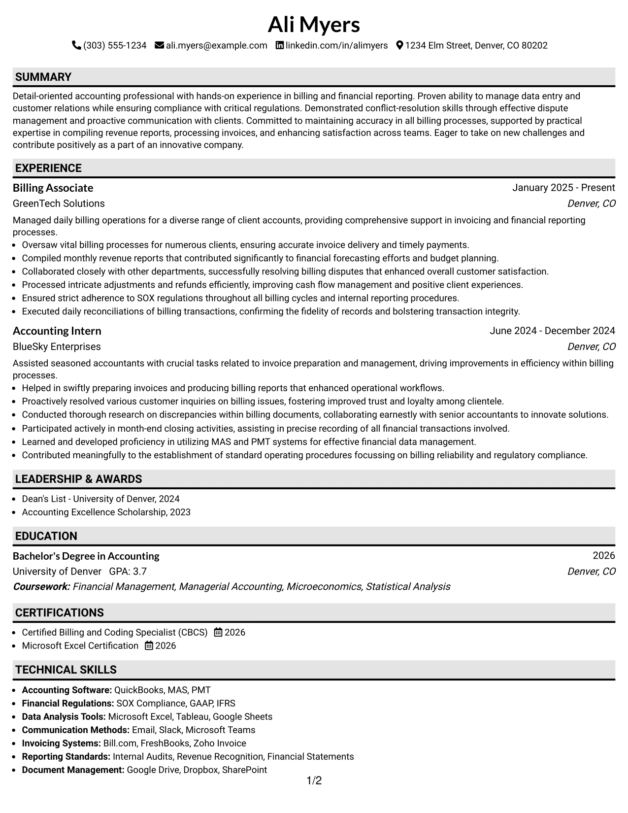 Resume Example Page 1