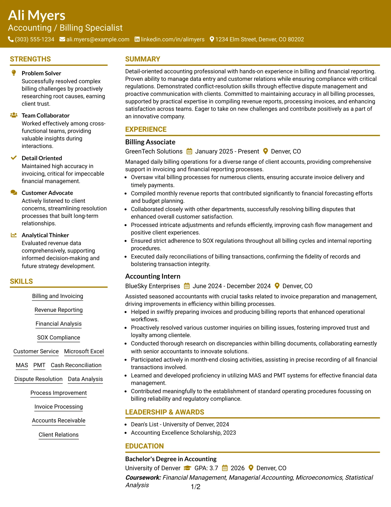 Resume Example Page 1