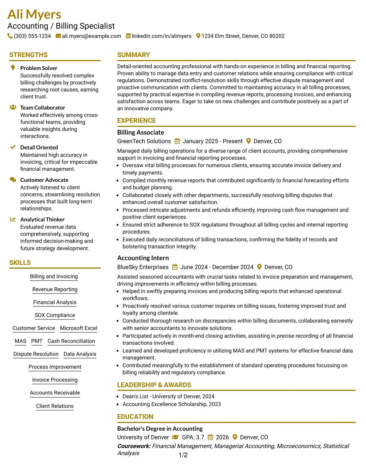Resume Example Page 1