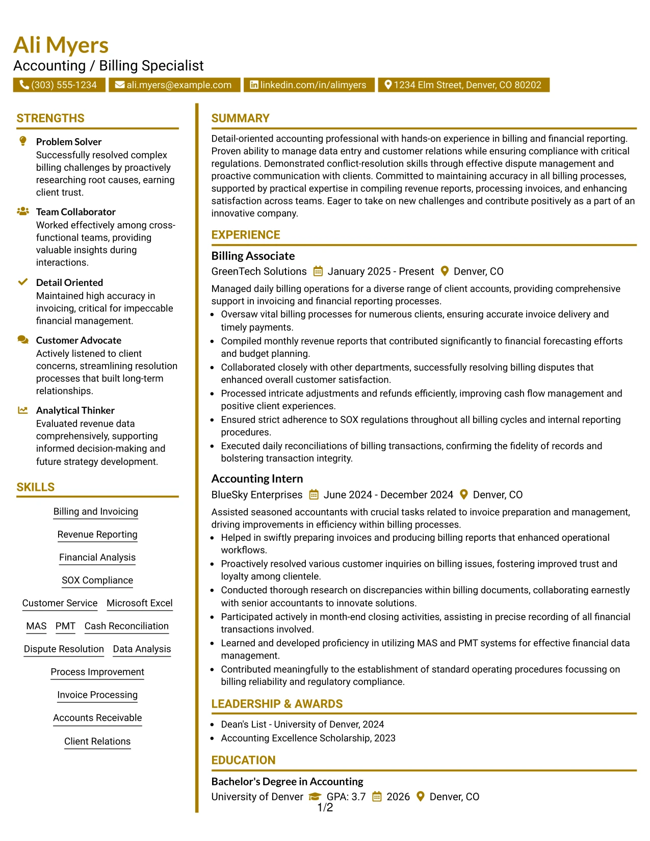 Resume Example Page 1
