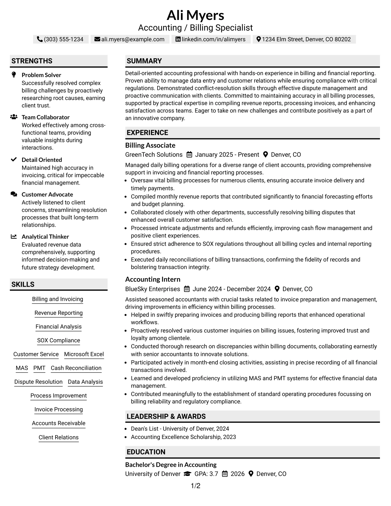 Resume Example Page 1