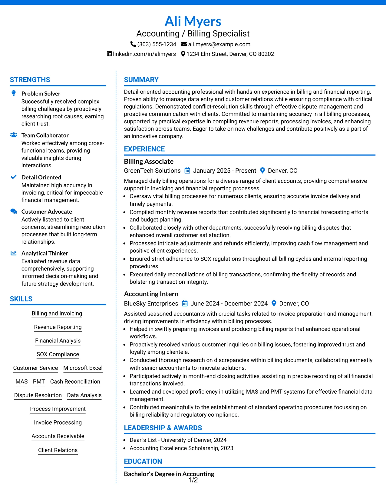 Resume Example Page 1