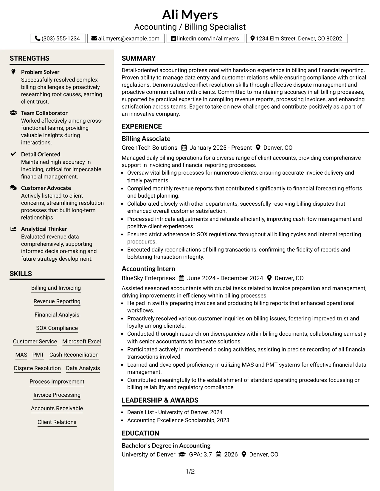 Resume Example Page 1