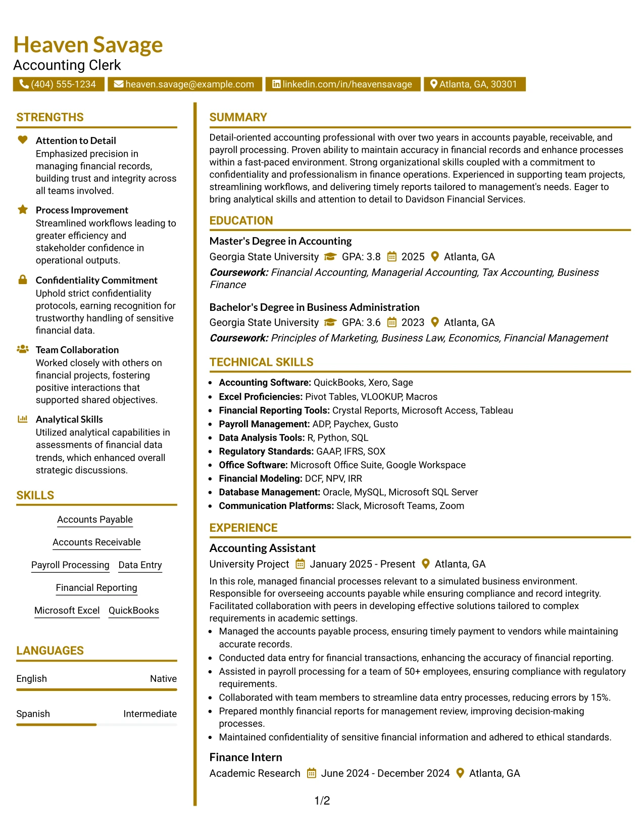Resume Example Page 1