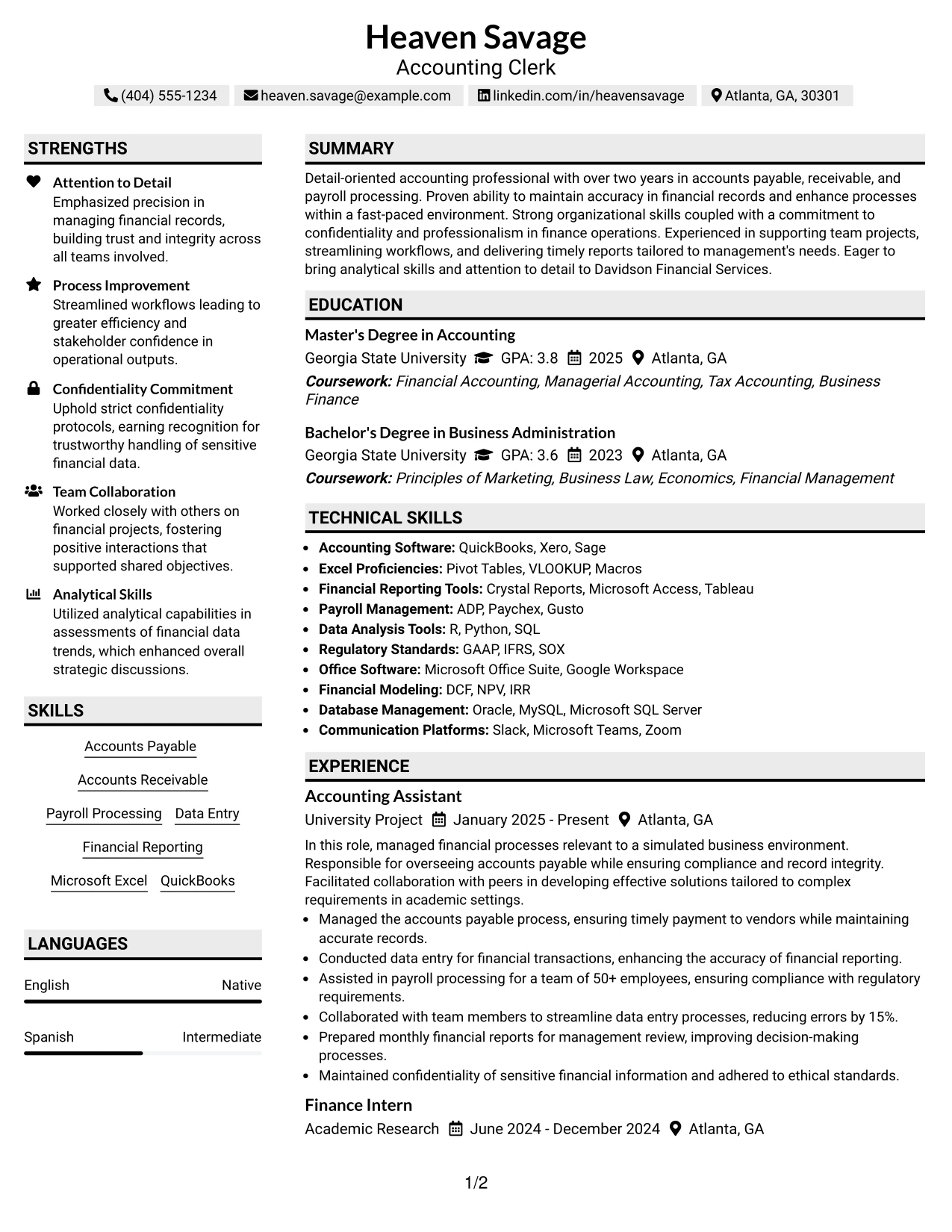 Resume Example Page 1