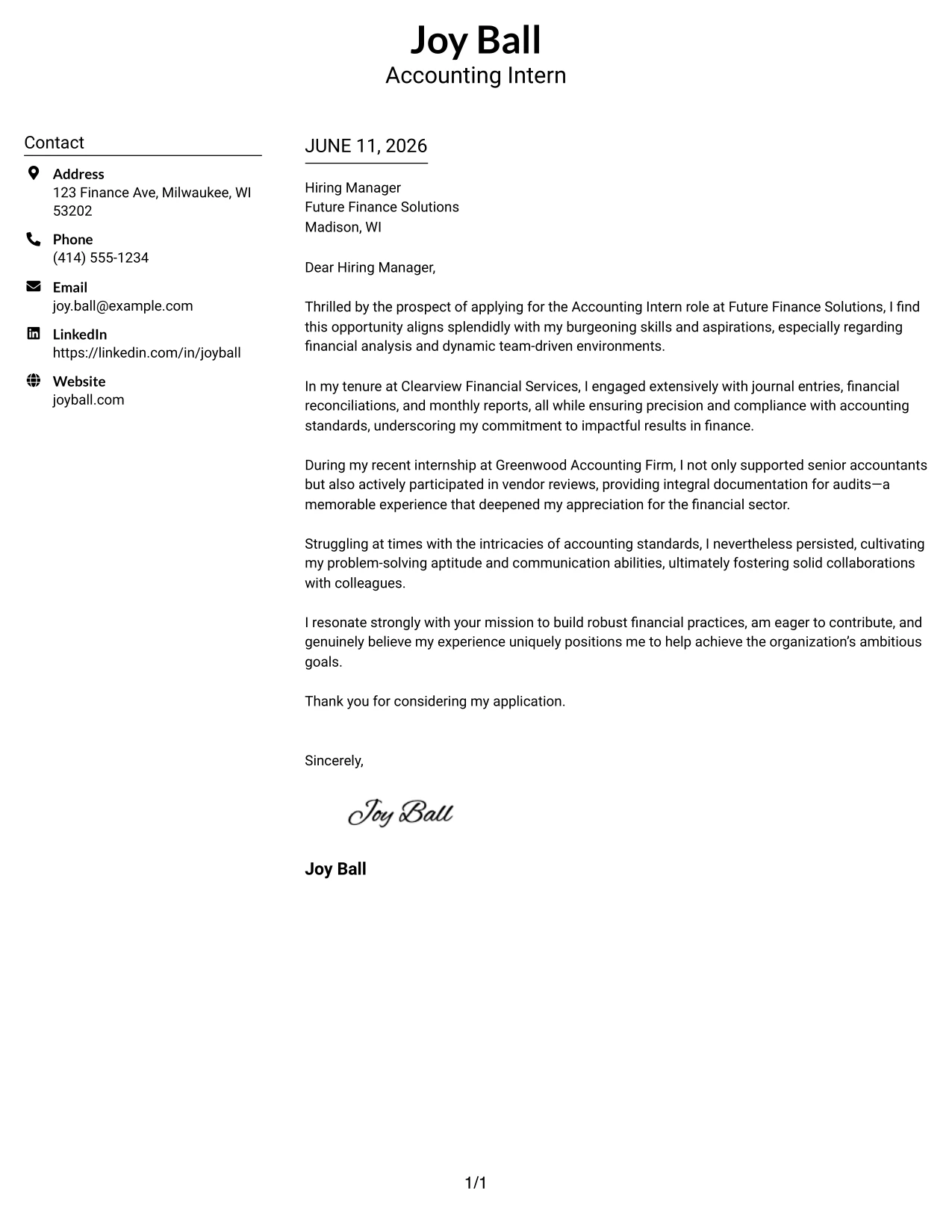 Resume Example Page 1