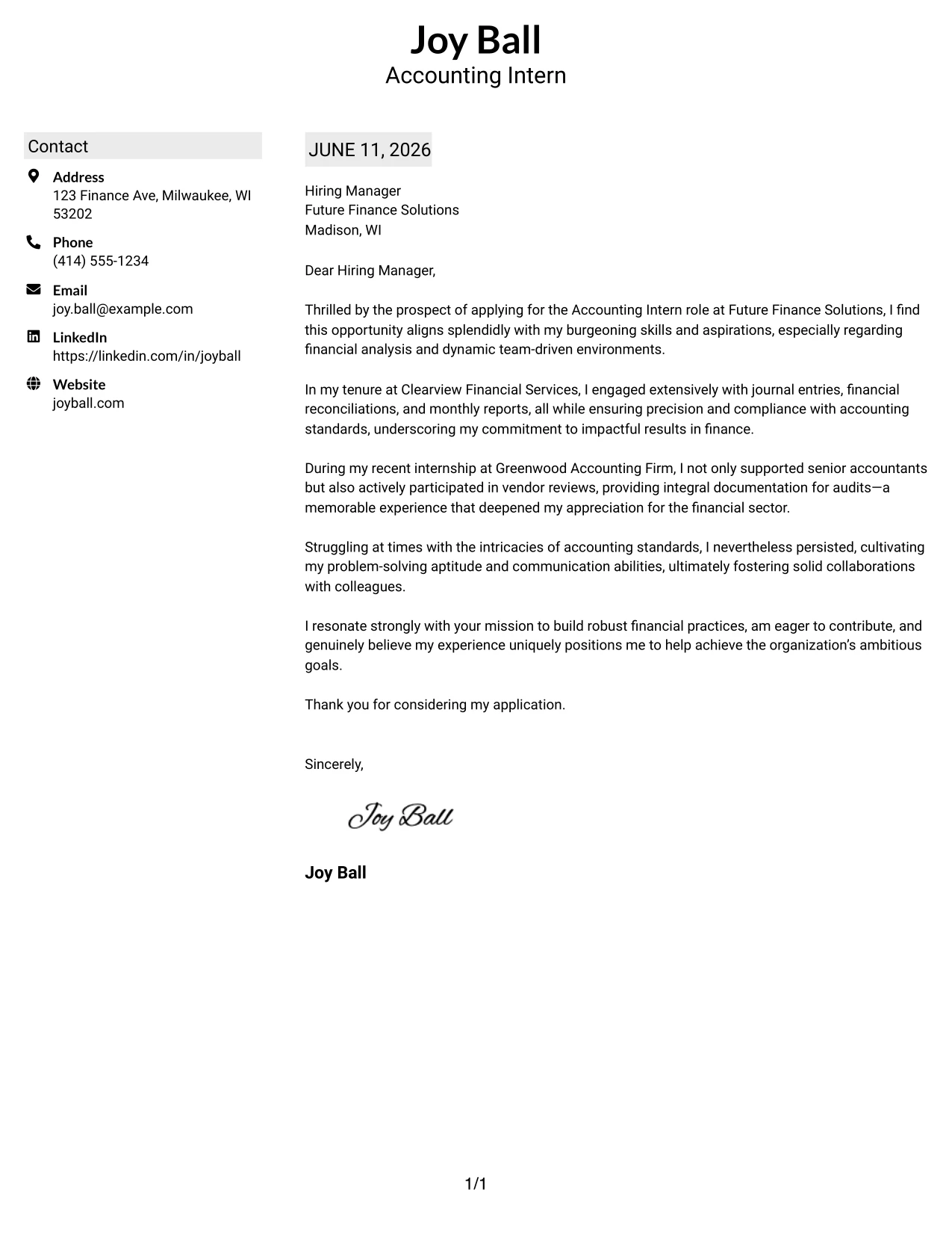 Resume Example Page 1