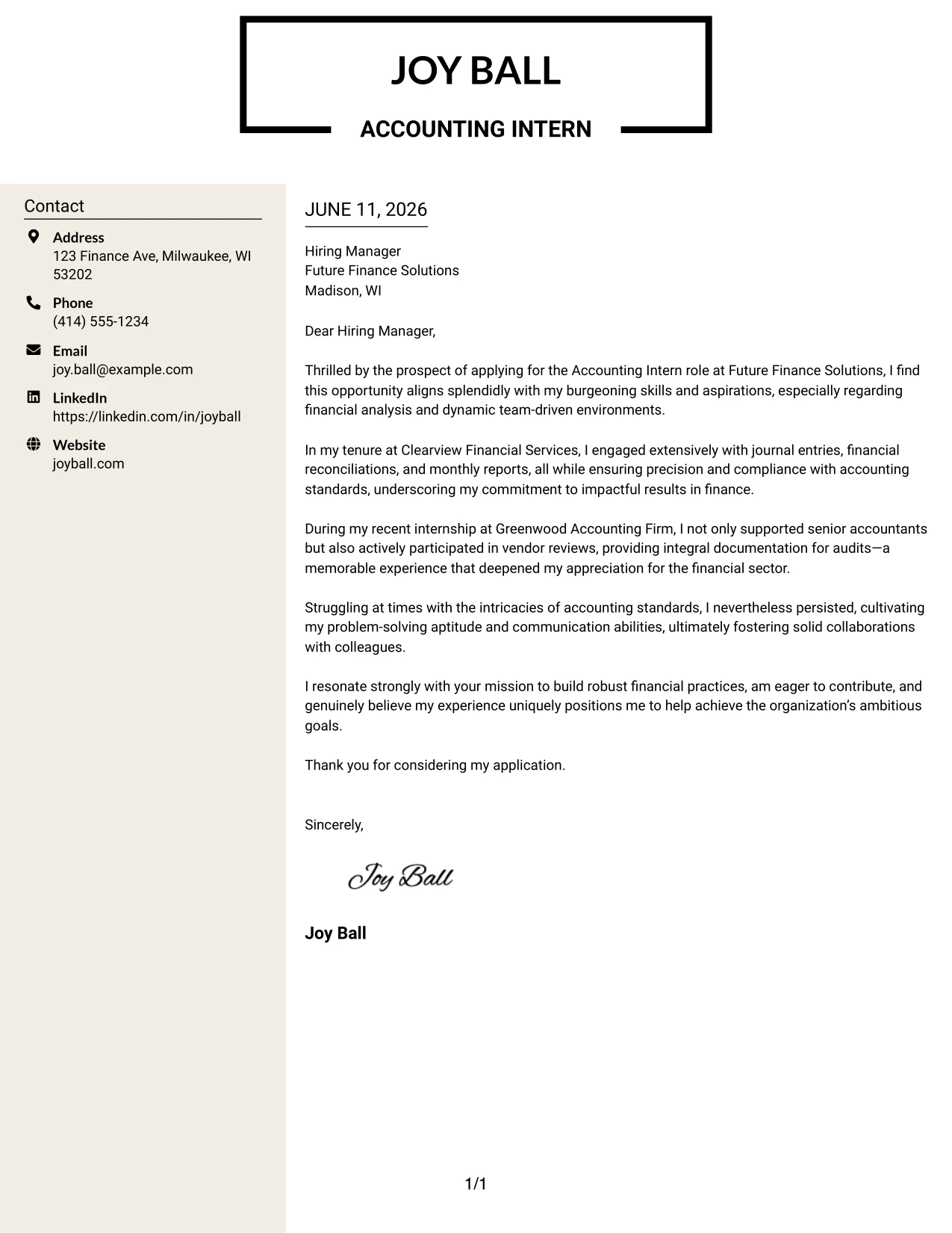 Resume Example Page 1