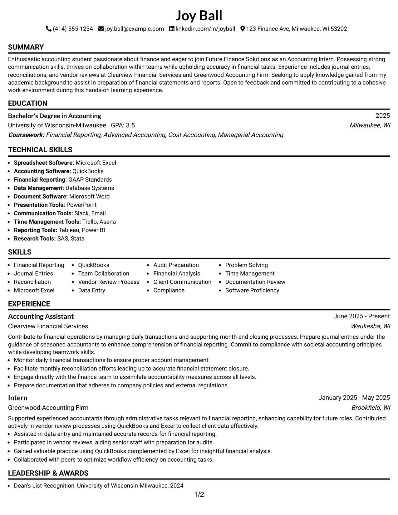 Resume Example Page 1