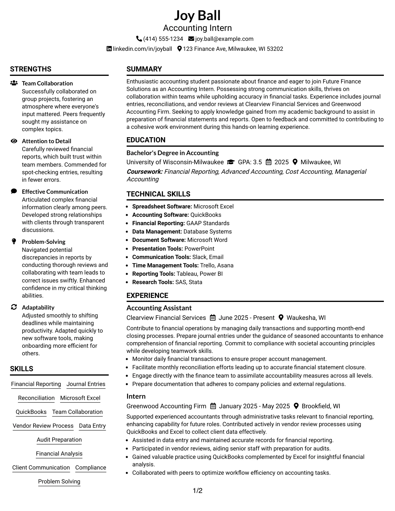 Resume Example Page 1