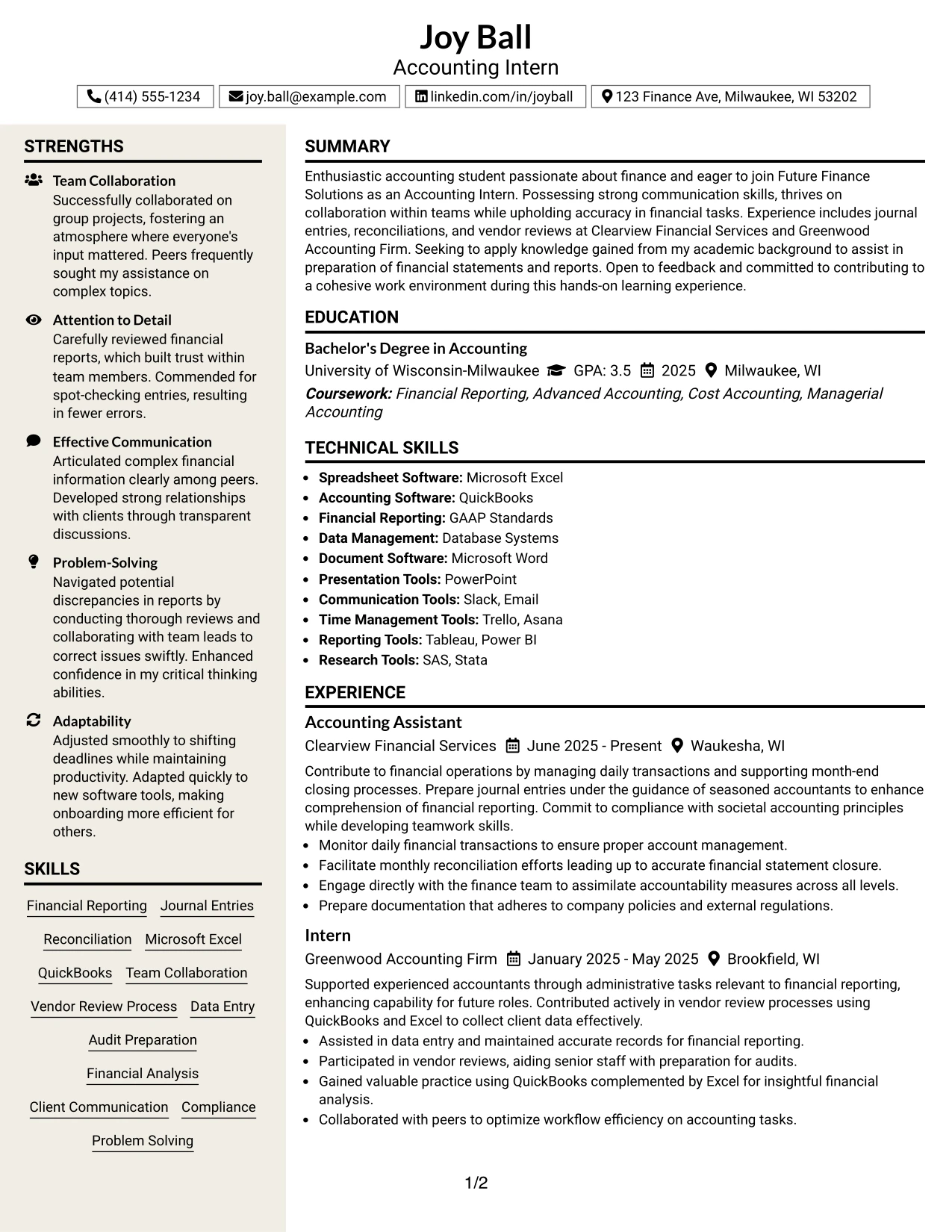 Resume Example Page 1