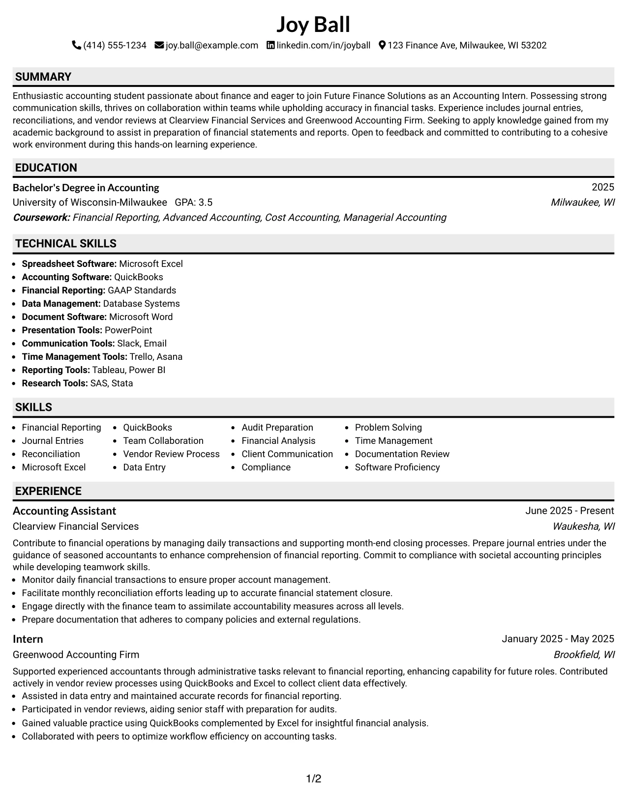 Resume Example Page 1