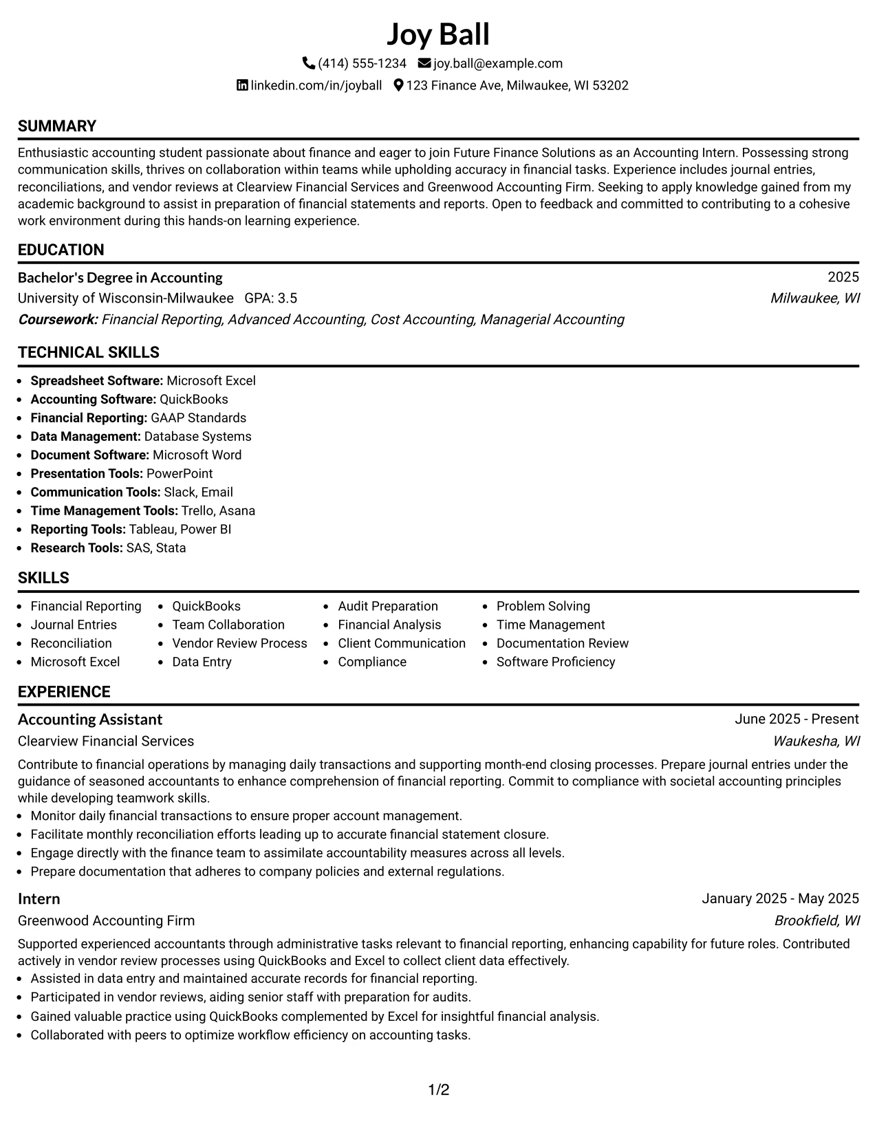 Resume Example Page 1
