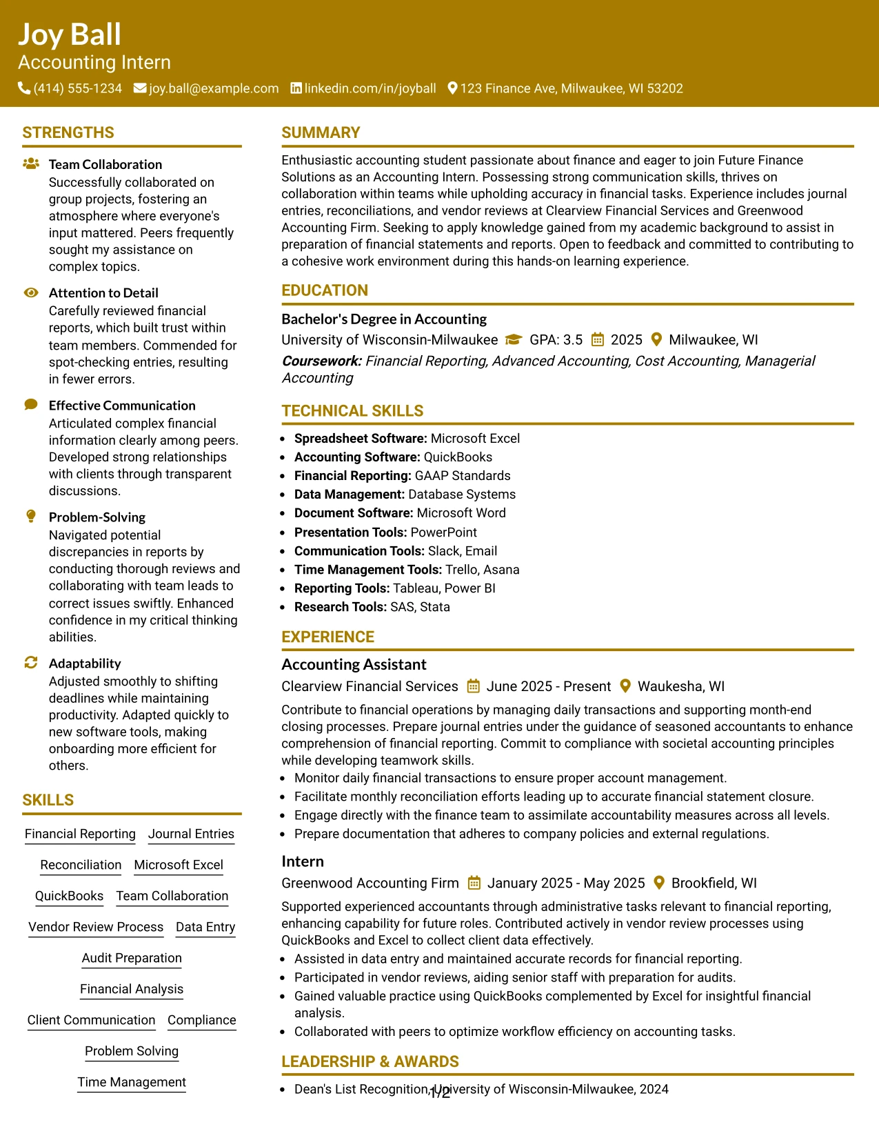 Resume Example Page 1