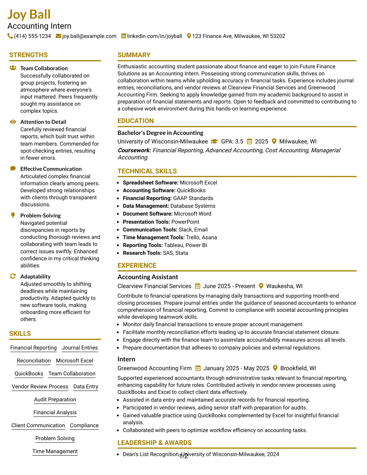 Resume Example Page 1