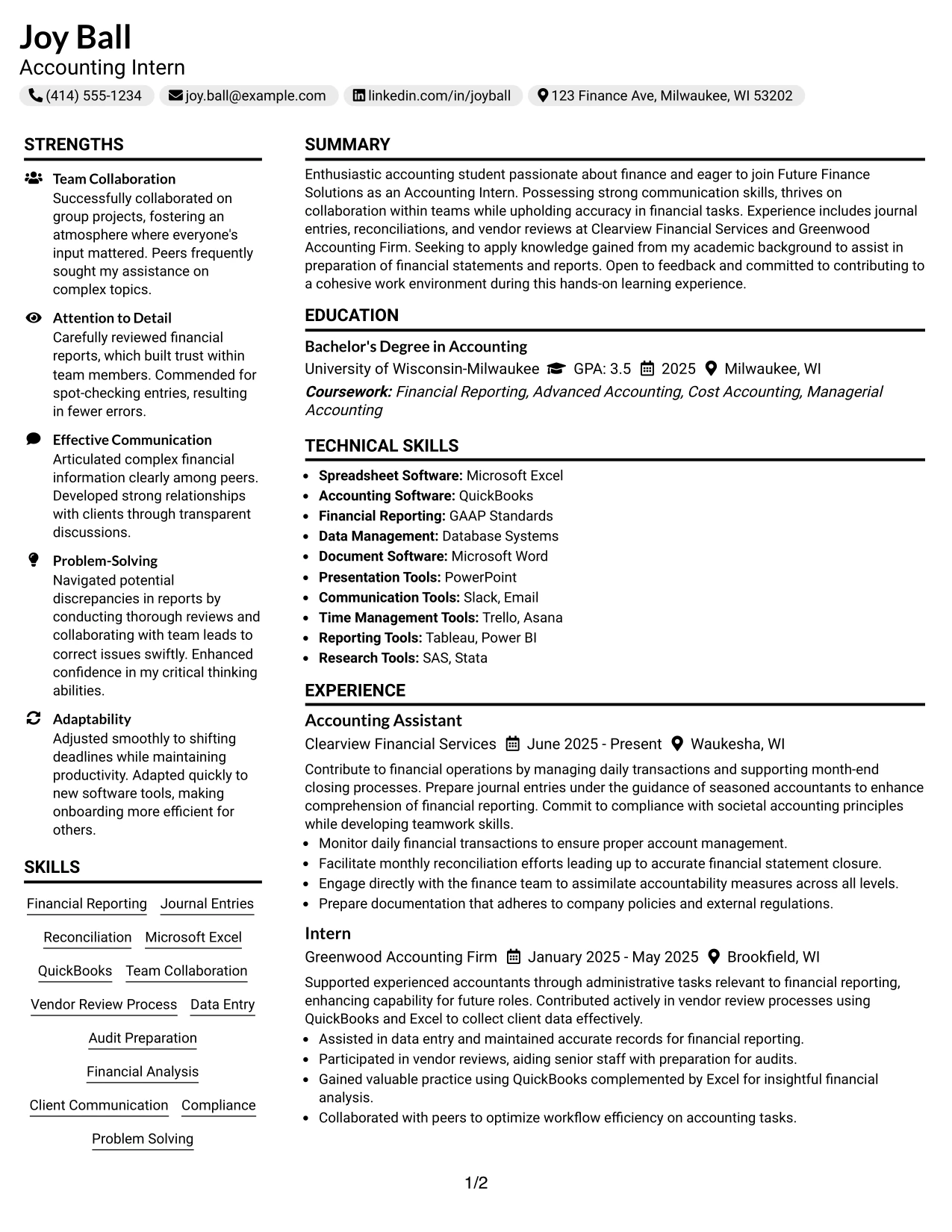 Resume Example Page 1