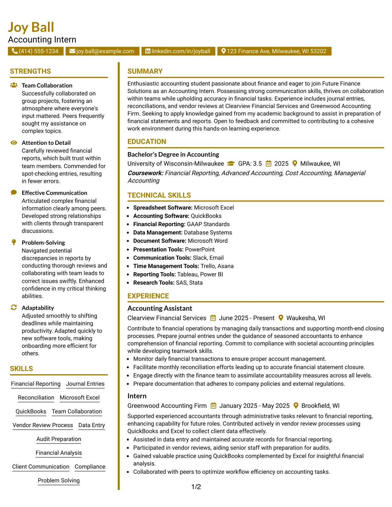 Resume Example Page 1
