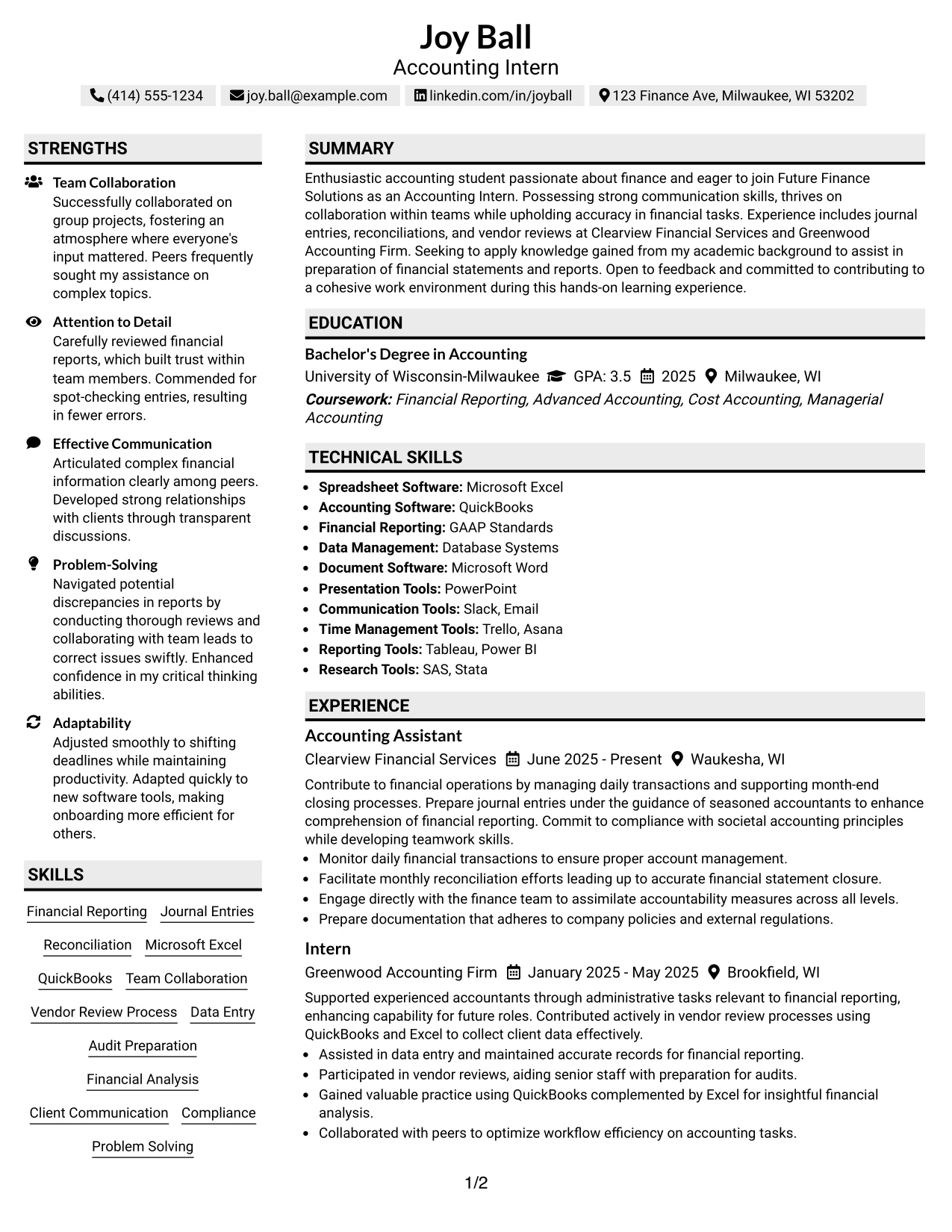 Resume Example Page 1