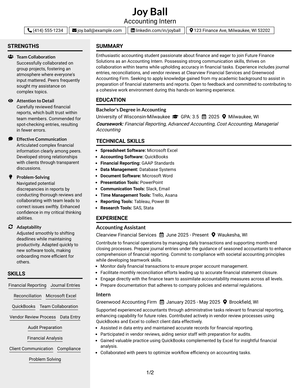 Resume Example Page 1