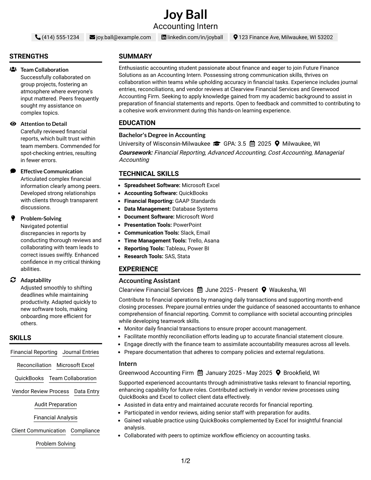 Resume Example Page 1