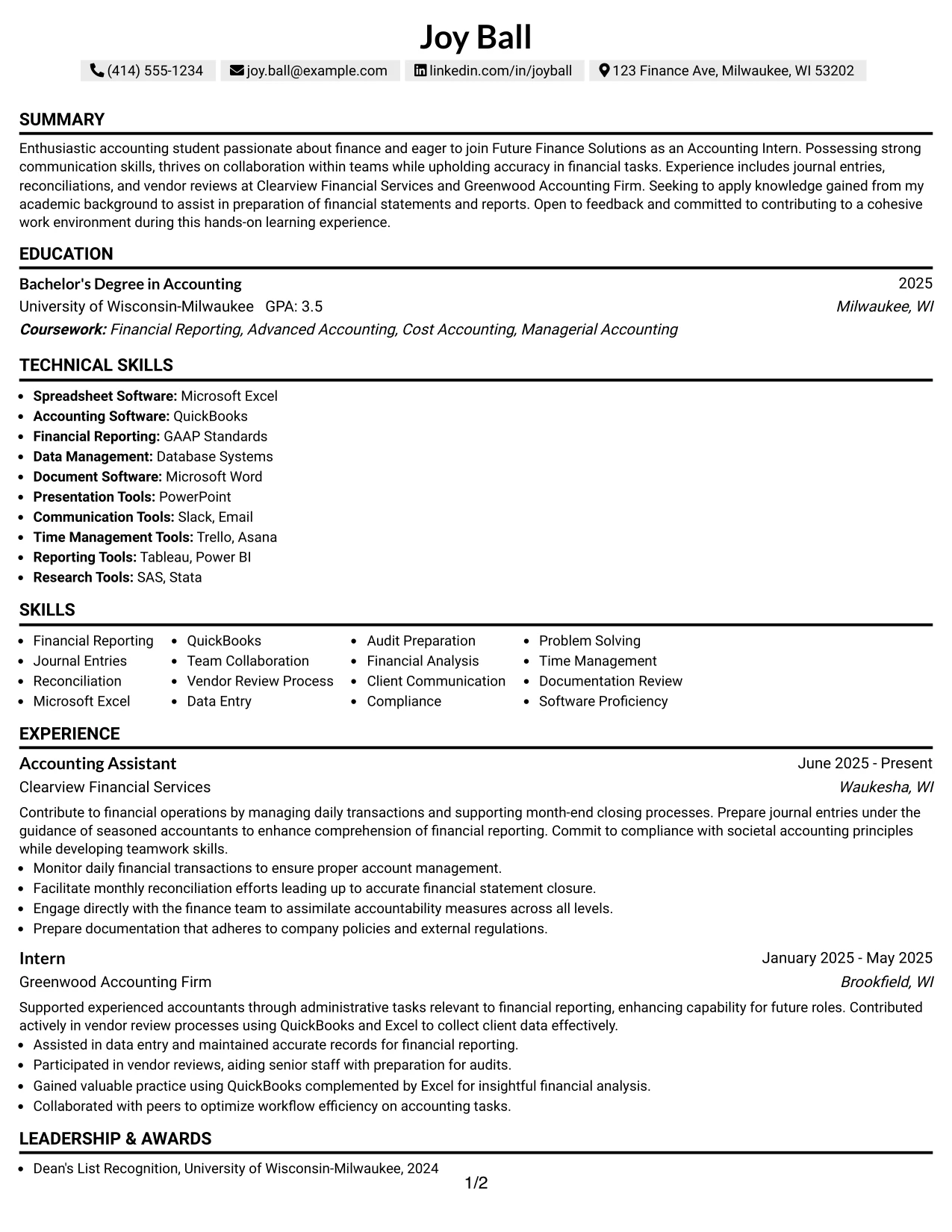 Resume Example Page 1