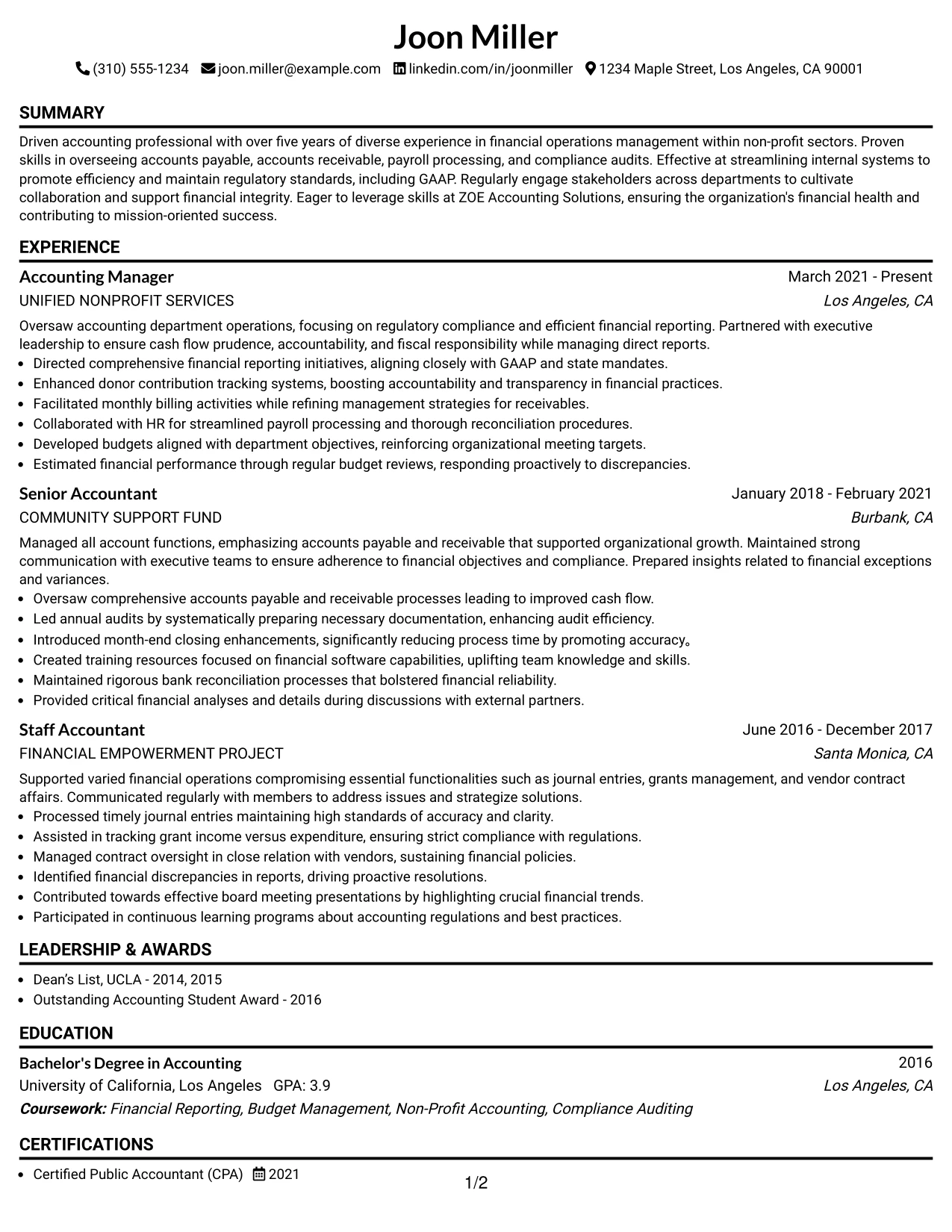 Resume Example Page 1