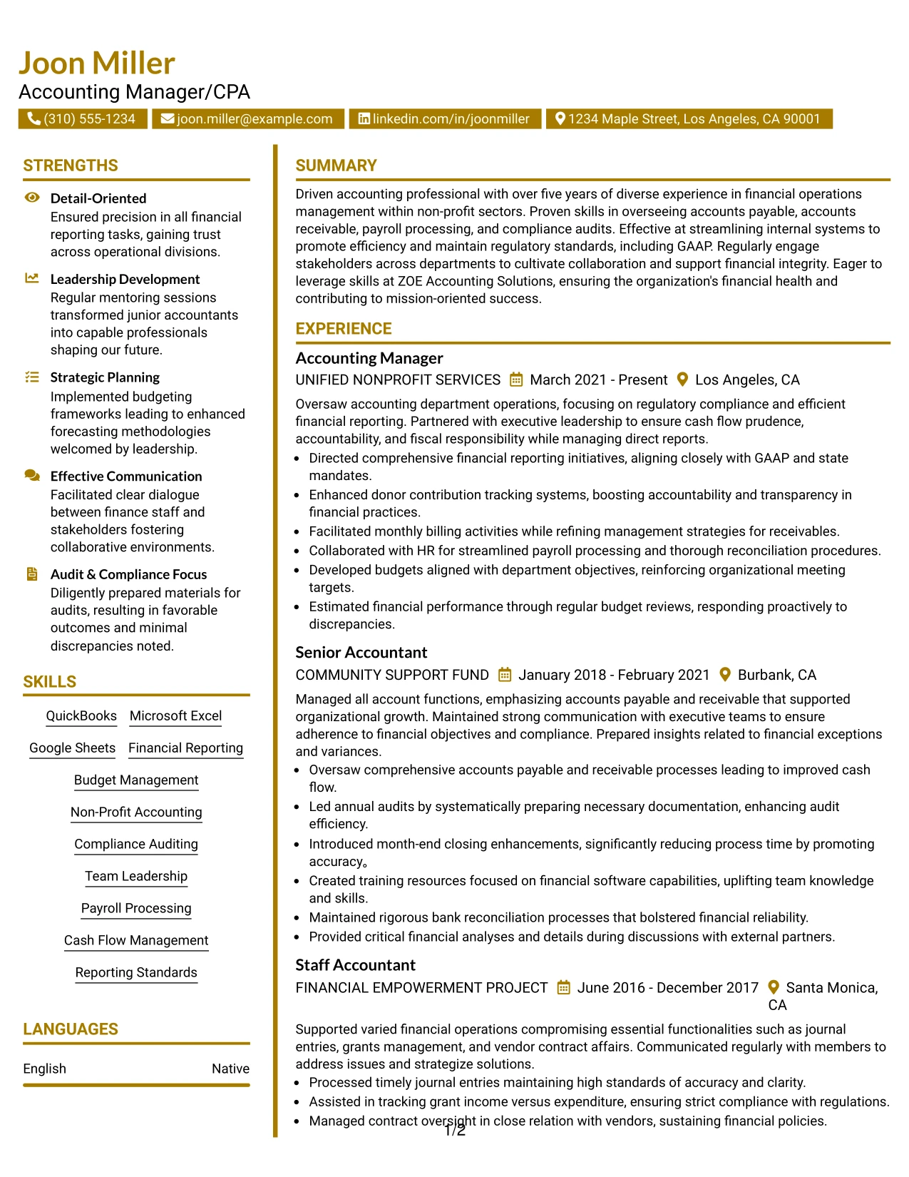 Resume Example Page 1