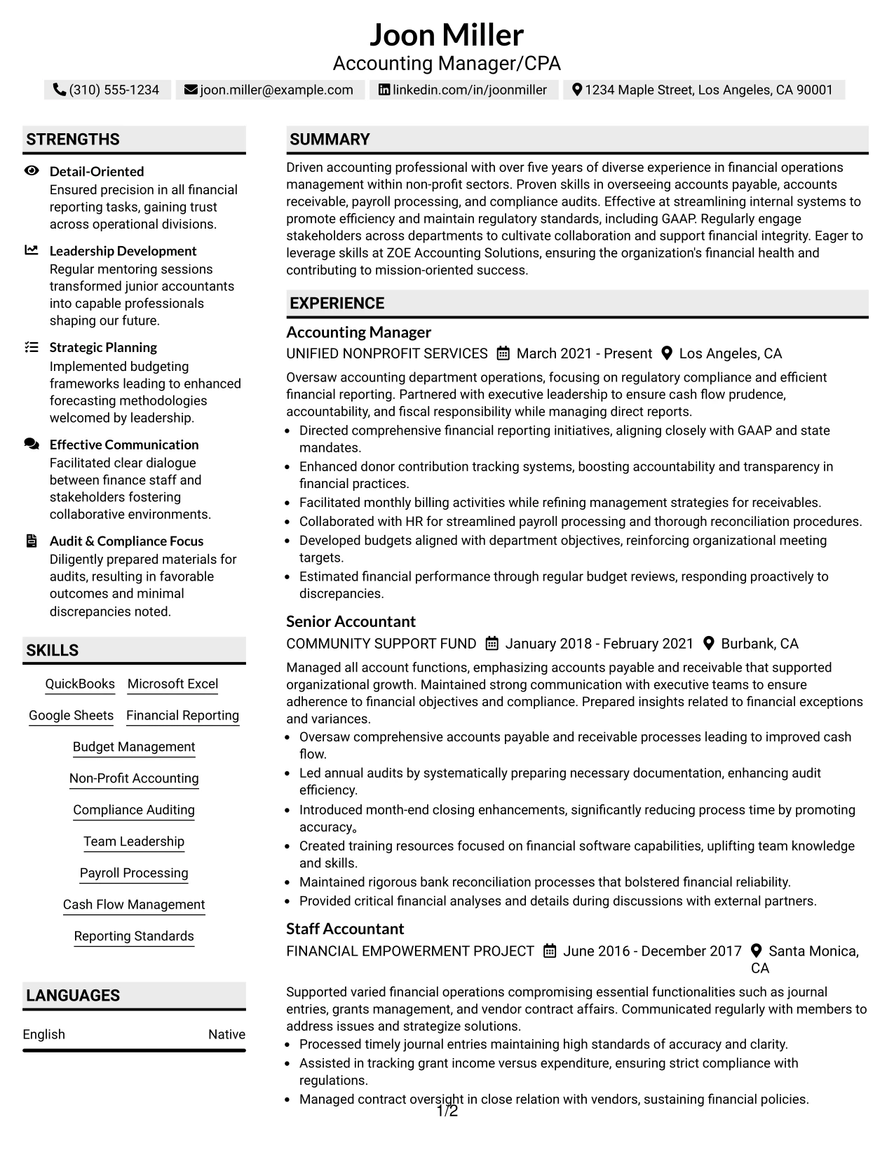 Resume Example Page 1