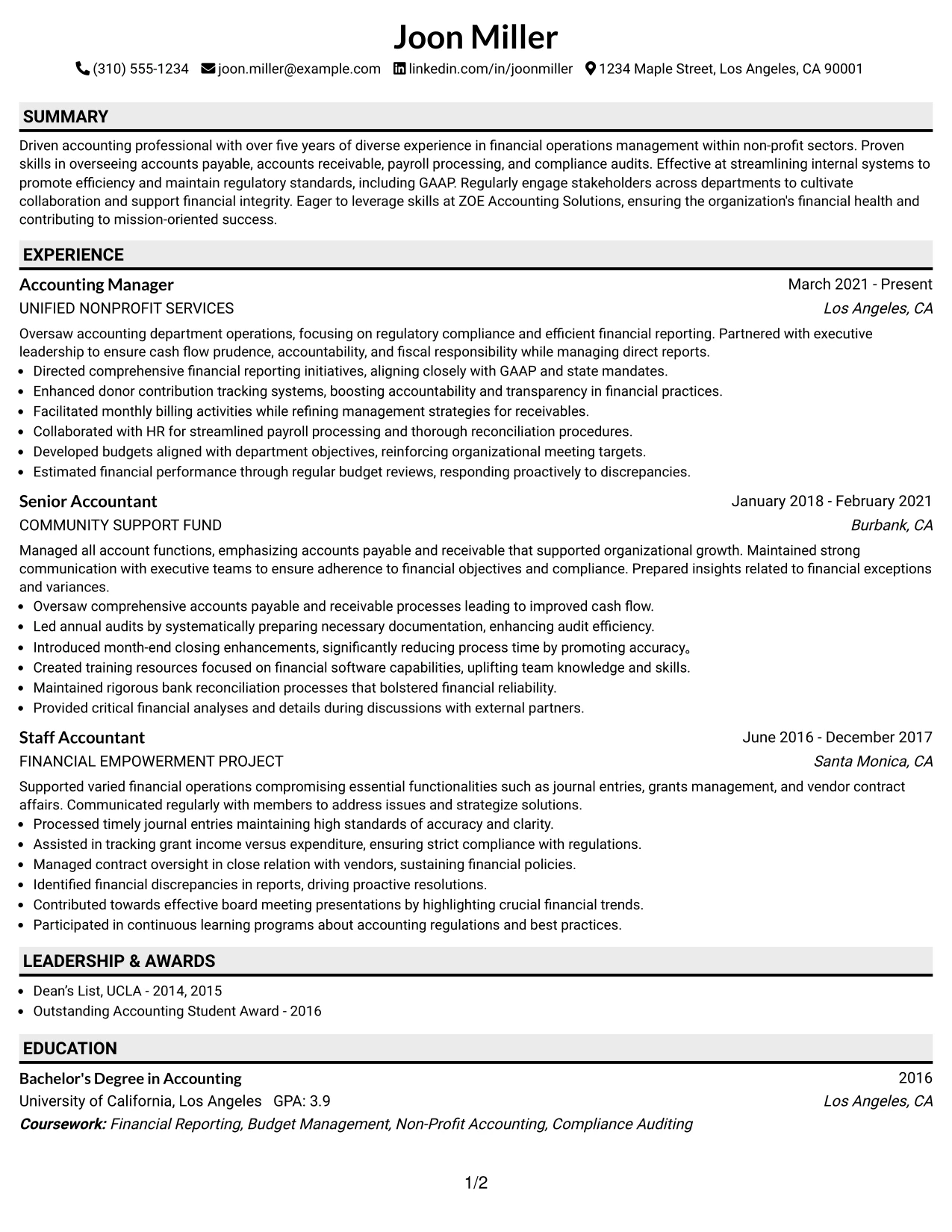 Resume Example Page 1