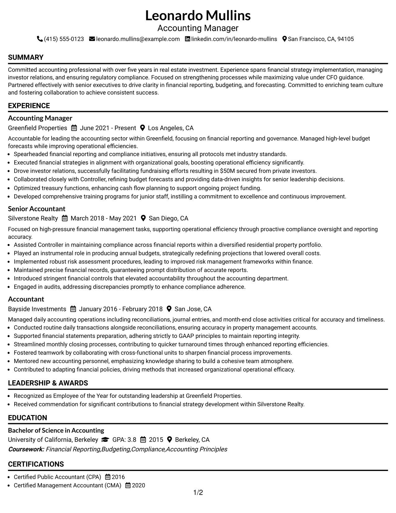 Resume Example Page 1