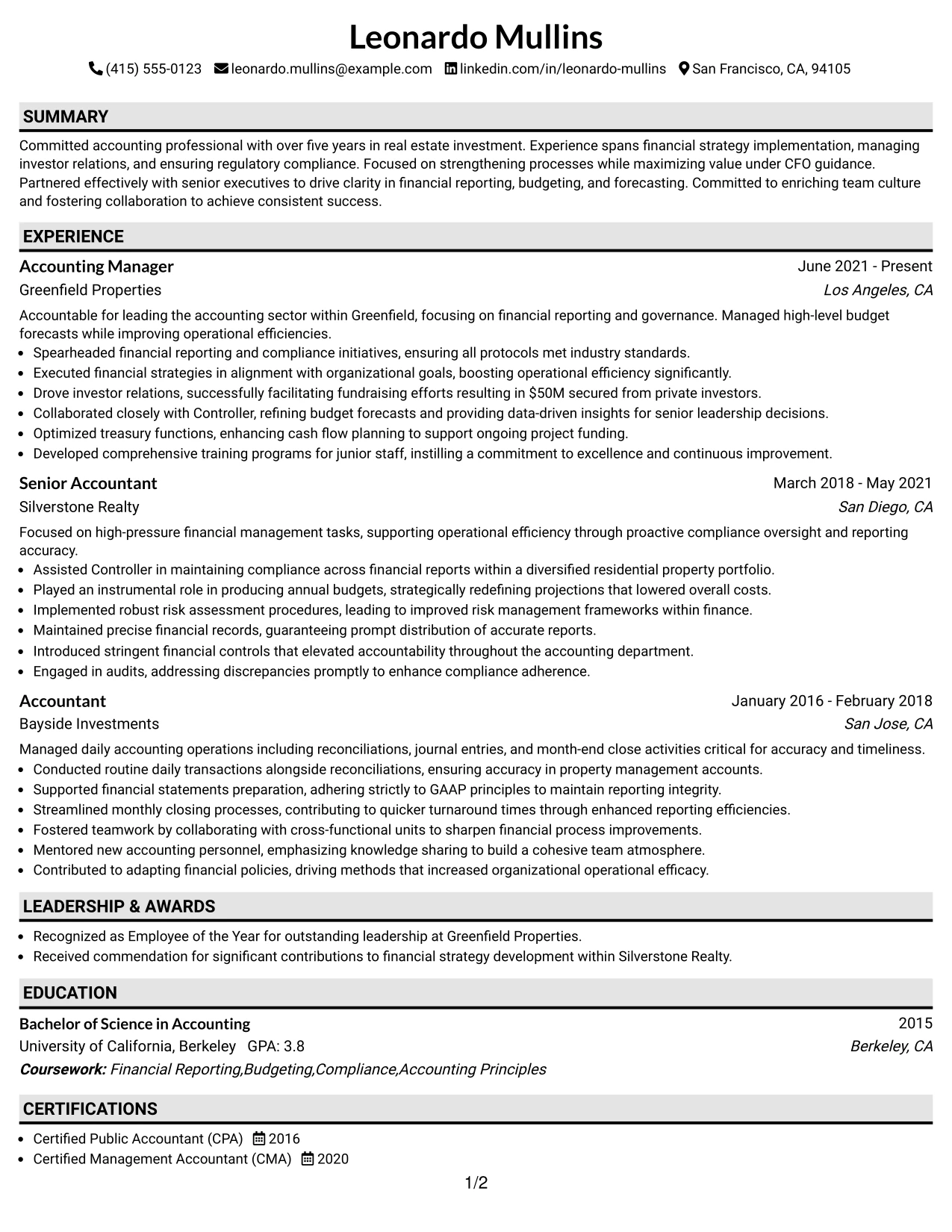 Resume Example Page 1