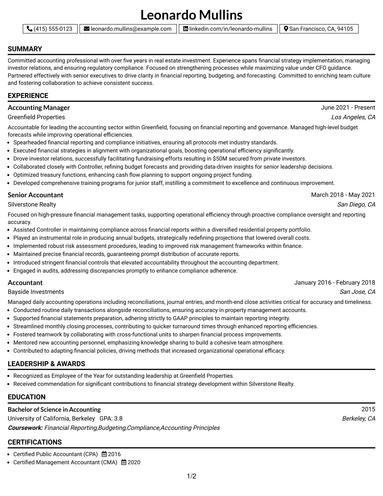 Resume Example Page 1
