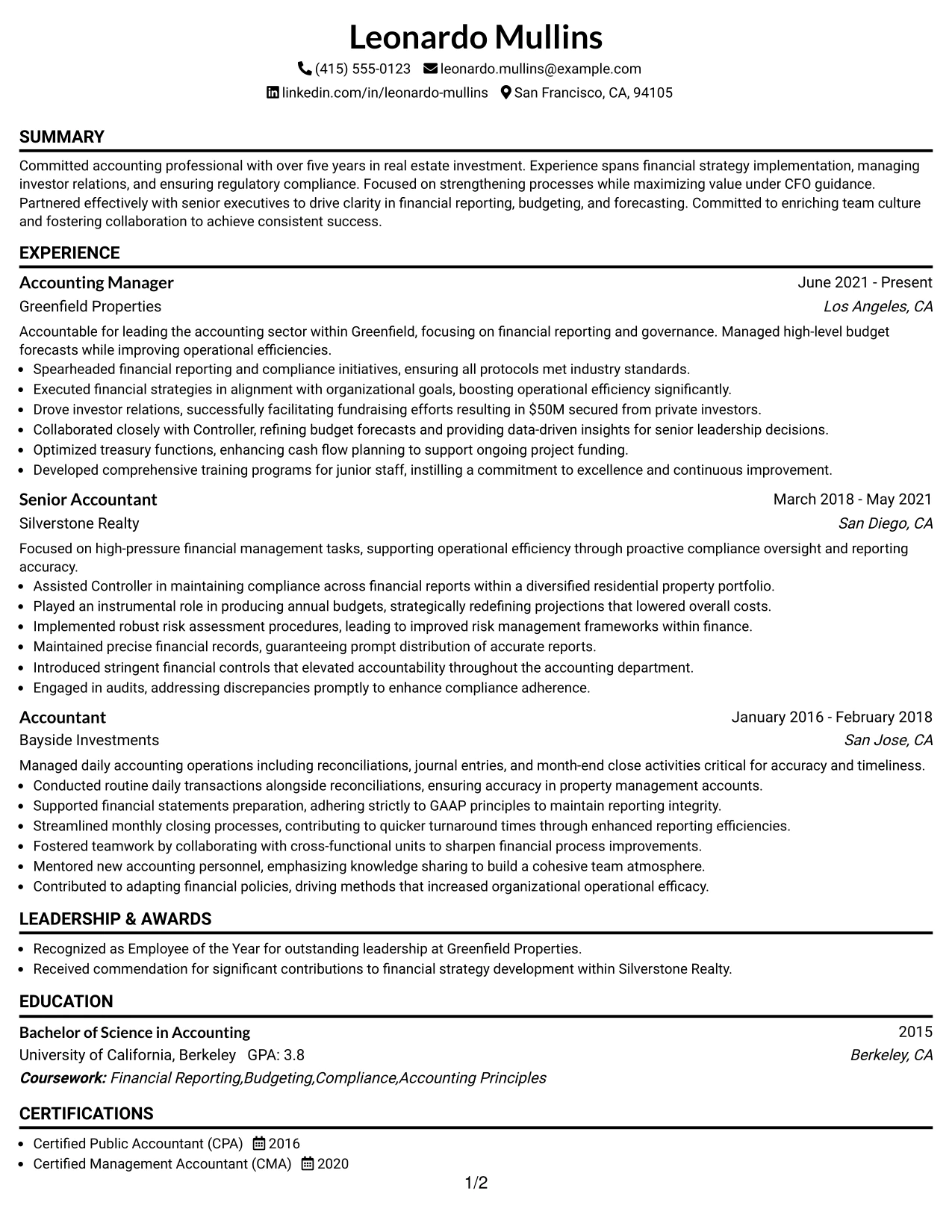 Resume Example Page 1