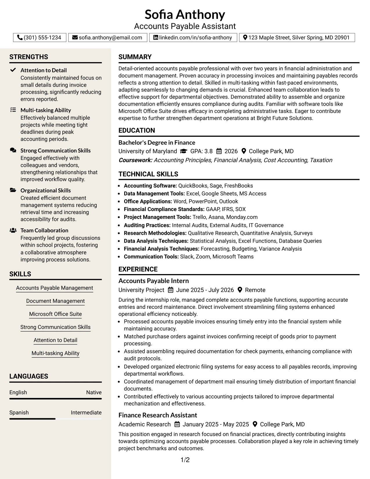 Resume Example Page 1