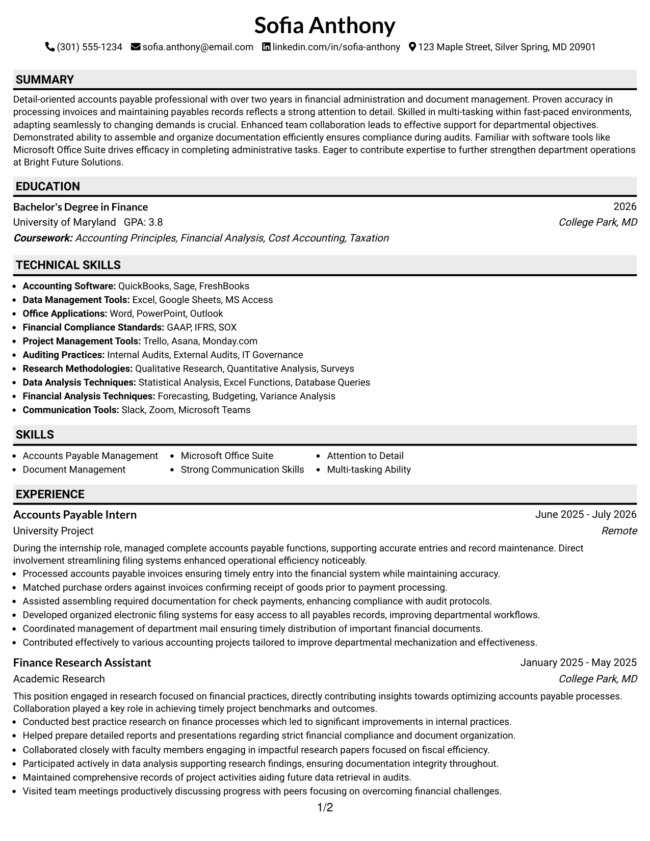Resume Example Page 1
