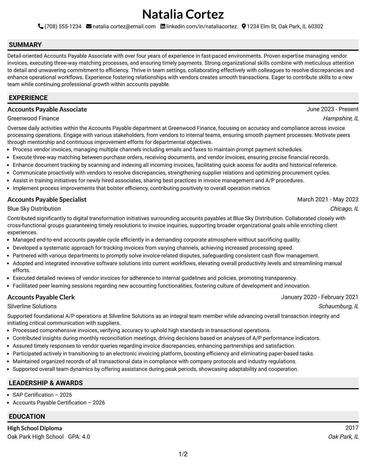 Resume Example Page 1