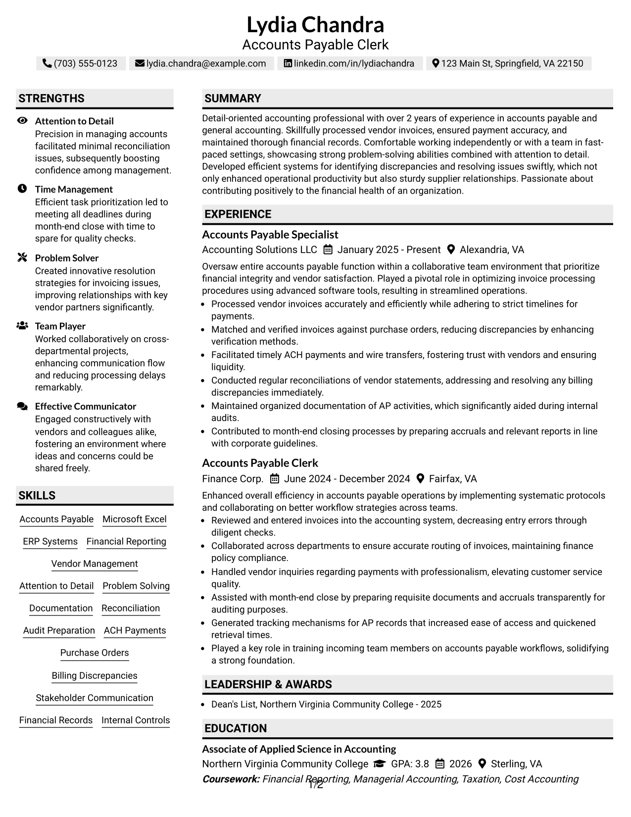 Resume Example Page 1