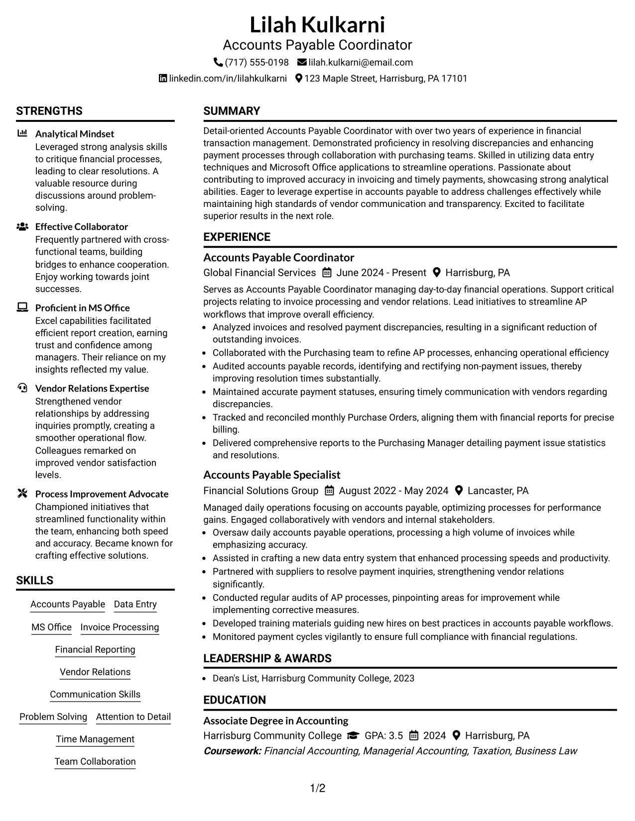 Resume Example Page 1