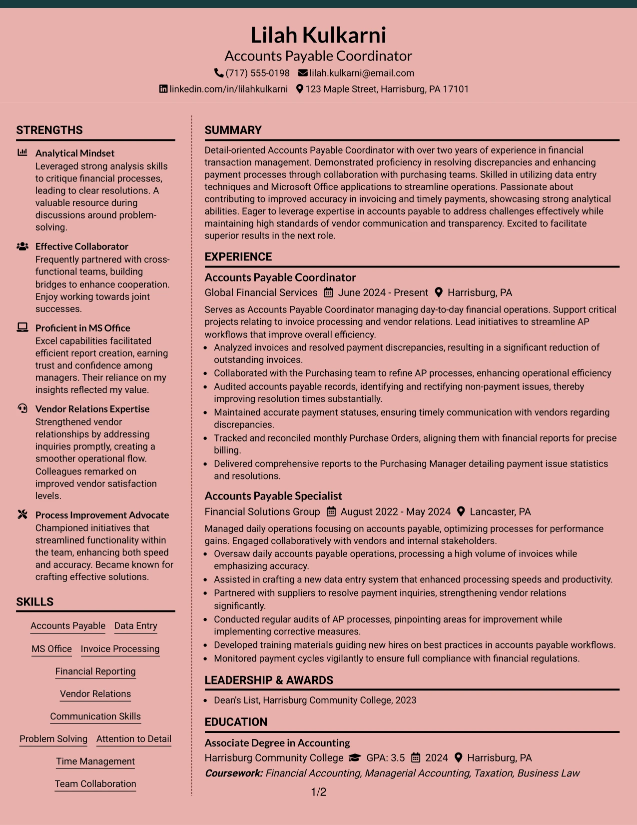 Resume Example Page 1