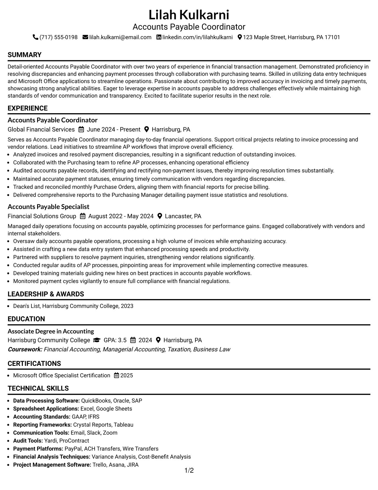 Resume Example Page 1
