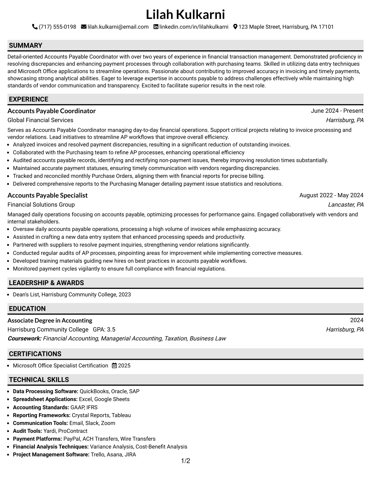 Resume Example Page 1